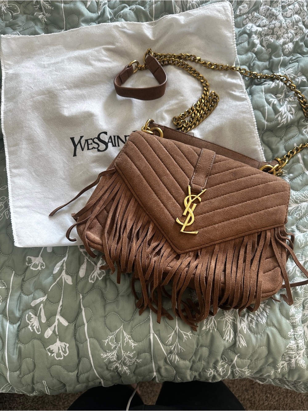 Rare Tan Suede Fringe Shoulder Bag with Gold Chain